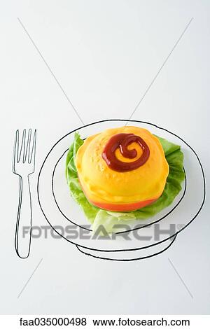 Stock Photo - Plastic hamburger with lettuce and ketchup on drawing of plate. Fotosearch