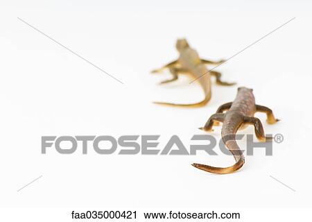 Stock Image - Toy lizards, one following the other, rear view. Fotosearch