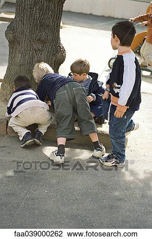 Boys playing beside tree trunk View Large Photo Image Stock Image - Boys playing beside tree trunk. Fotosearch