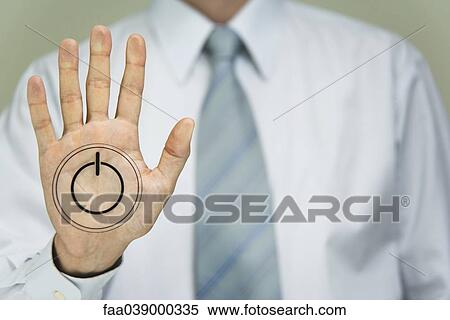Man with power button on palm of hand View Large Photo Image Stock Photography - Man with power button on palm of hand. Fotosearch