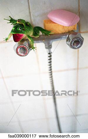 Stock Photo - Plastic toy frog, sponge, pink bar of soap set on shower faucet. Fotosearch