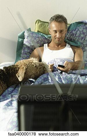 Man watching TV in bed with dog View Large Photo Image Stock Photo - Man watching TV in bed with dog. Fotosearch