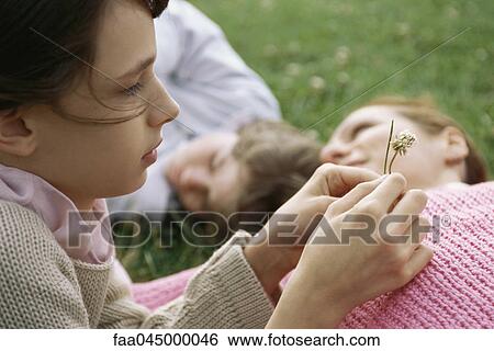 Girl contemplatively looking at clover flower, mother and brother lying on grass in background View Large Photo Image Stock Photograph - Girl contemplatively looking at clover flower, mother and brother lying on grass in background. Fotosearch