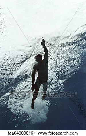 Stock Photo - Man swimming in pool, underwater view. Fotosearch