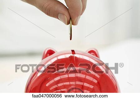 Stock Photograph - Person placing coin in piggy bank, close-up. Fotosearch