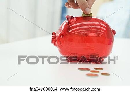 Picture - Person putting change in piggy bank, cropped. Fotosearch