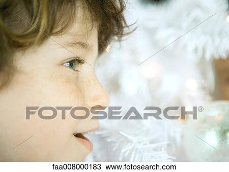 Boy's face in front of christmas tree View Large Photo Image Stock Image - Boy's face in front of christmas tree. Fotosearch