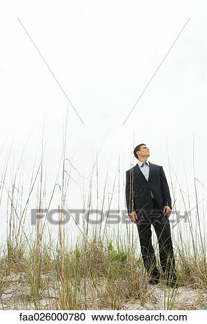 Businessman standing in tall grass, looking up, full length View Large Photo Image Stock Image - Businessman standing in tall grass, looking up, full length. Fotosearch