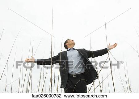 Businessman standing in tall grass with arms out, looking up, low angle view View Large Photo Image Stock Image - Businessman standing in tall grass with arms out, looking up, low angle view. Fotosearch