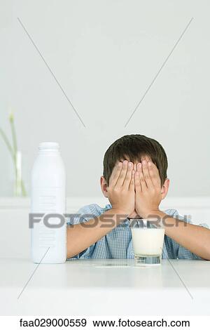 Little boy with glass of milk, covering eyes with hands View Large Photo Image Stock Photo - Little boy with glass of milk, covering eyes with hands. Fotosearch