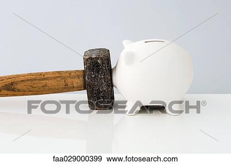 Piggybank touching nose against sledgehammer View Large Photo Image Stock Photo - Piggybank touching nose against sledgehammer. Fotosearch