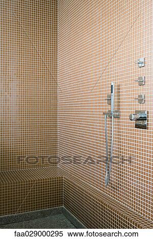 Tiled shower-room, cropped View Large Photo Image Stock Photography - Tiled shower-room, cropped. Fotosearch