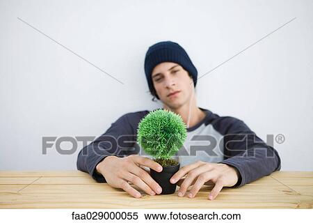 Young man sitting at table, holding bonsai, looking at camera View Large Photo Image Stock Photography - Young man sitting at table, holding bonsai, looking at camera. Fotosearch