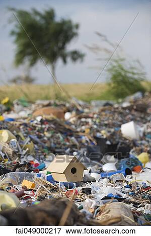 Birdhouse on ground surrounded by landfill trash View Large Photo Image Stock Photo - Birdhouse on ground surrounded by landfill trash. Fotosearch