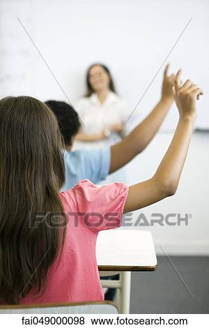 Elementary school students raising hand in class, rear view View Large Photo Image Stock Photo - Elementary school students raising hand in class, rear view. Fotosearch