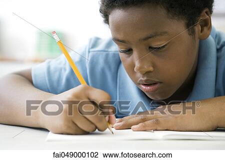 Male elementary school student concentrating on classwork View Large Photo Image Stock Image - Male elementary school student concentrating on classwork. Fotosearch