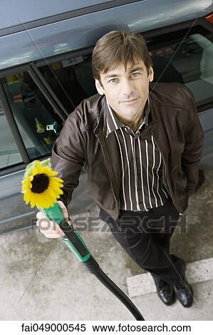Man at gas station holding gas nozzle with sunflower emerging from end View Large Photo Image Stock Photography - Man at gas station holding gas nozzle with sunflower emerging from end. Fotosearch