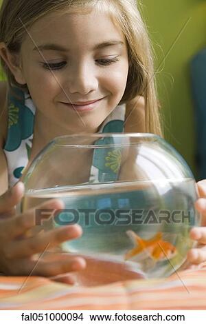 Girl watching goldfish swim in fishbowl View Large Photo Image Picture - Girl watching goldfish swim in fishbowl. Fotosearch