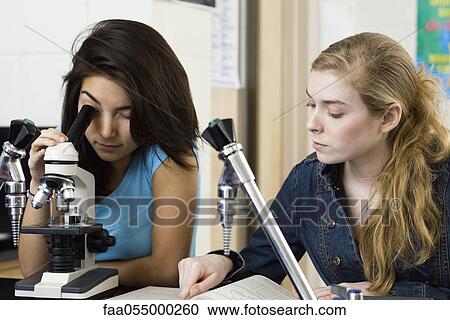 Stock Image - Classmates completing science class assignment together using microscope. Fotosearch