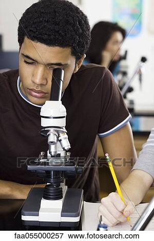 Stock Photo - High school student looking through microscope. Fotosearch