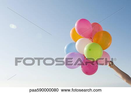 Bunch of helium balloons held aloft against clear blue sky View Large Photo Image Stock Image - Bunch of helium balloons held aloft against clear blue sky. Fotosearch