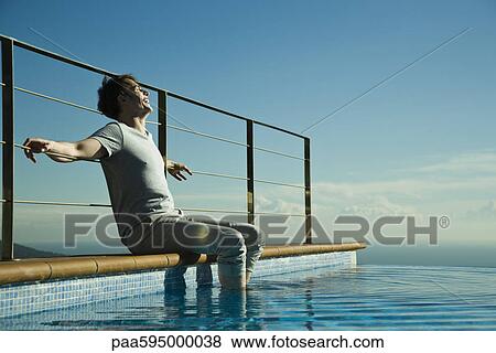 Stock Photo - Man soaking feet in swimming pool. Fotosearch