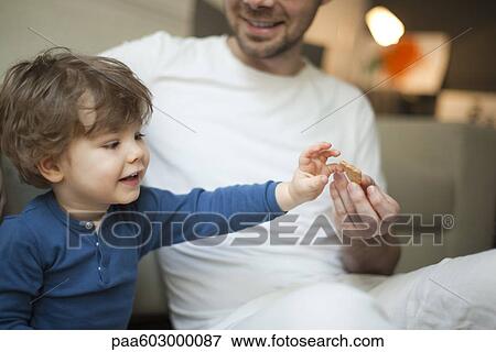 Toddler boy reaching for cookie in father's hand View Large Photo Image Stock Photo - Toddler boy reaching for cookie in father's hand. Fotosearch