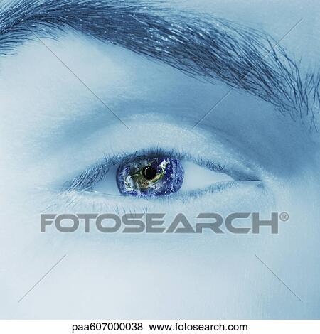 Blue scale close-up of man's eye with earth reflection View Large Photo Image Stock Photo - Blue scale close-up of man's eye with earth reflection. Fotosearch