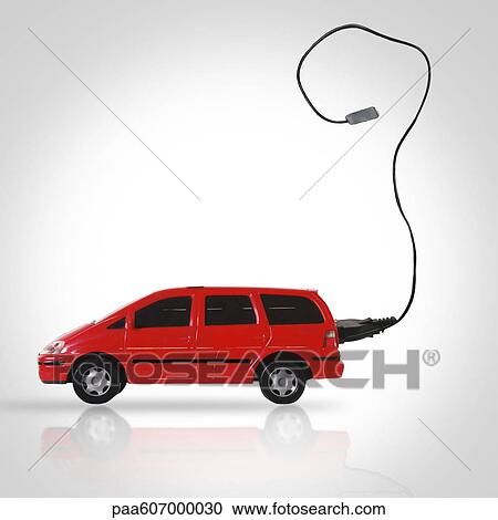 Stock Image - Electric car with electric cable and plug. Fotosearch