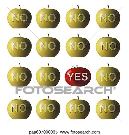 Red tomato with word "yes" among group of green apples with word "no" View Large Photo Image Stock Photography - Red tomato with word "yes" among group of green apples with word "no". Fotosearch