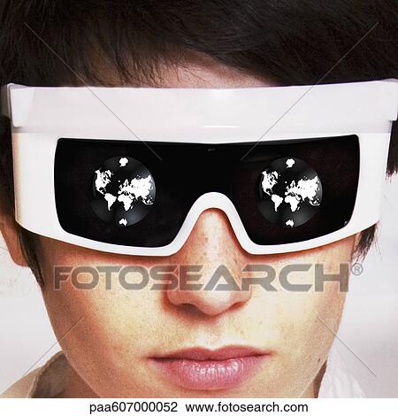 Stock Image - Wearing sunglasses with graphic of planet earth. Fotosearch