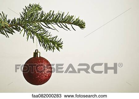 Stock Image - Red Christmas bauble hanging from Christmas tree. Fotosearch