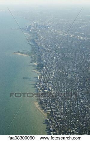 Stock Image - American city seen from an airplane, Chicago. Fotosearch