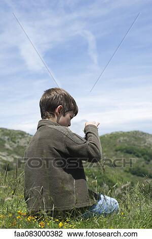 Boy sitting on grass, looking at wildflower, rear view View Large Photo Image Stock Image - Boy sitting on grass, looking at wildflower, rear view. Fotosearch