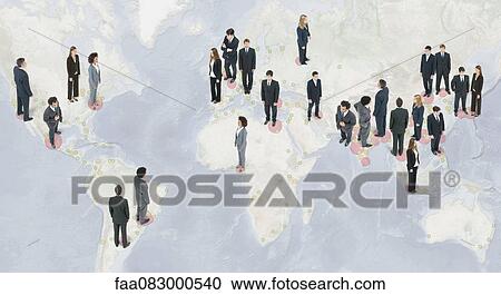 Stock Image - Large group of business people standing on world map. Fotosearch