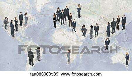 Large group of business people standing on world map View Large Photo Image Stock Photo - Large group of business people standing on world map. Fotosearch