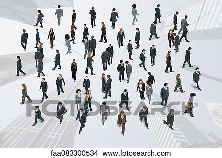 Picture - Large group of business people walking and talking on image of skycrapers. Fotosearch