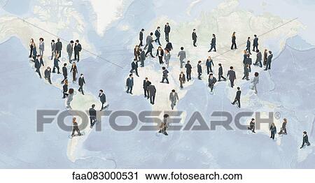 Large group of businesspeople walking on world map View Large Photo Image Stock Image - Large group of businesspeople walking on world map. Fotosearch