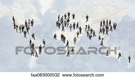 Stock Image - Large group of businesspeople walking on world map. Fotosearch