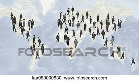 Large group of executives walking on world map View Large Photo Image Stock Image - Large group of executives walking on world map. Fotosearch
