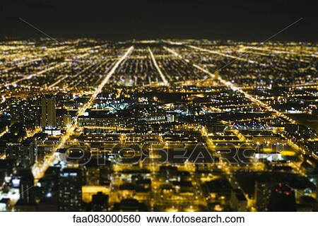Stock Image - Night view of Chicago from the John Hancock Observatory. Fotosearch
