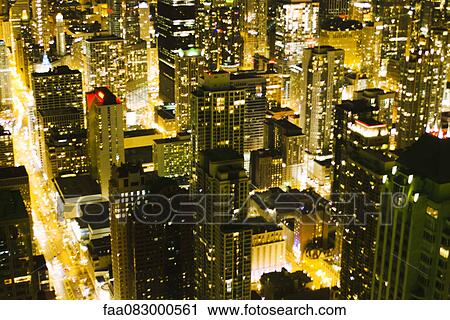Stock Image - Night view of Chicago from the John Hancock Observatory. Fotosearch