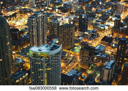 Stock Photo - Night view of Chicago from the John Hancock Observatory. Fotosearch