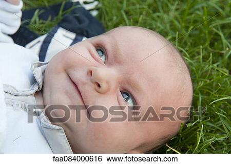 Baby boy lying on grass, portrait View Large Photo Image Stock Photograph - Baby boy lying on grass, portrait. Fotosearch