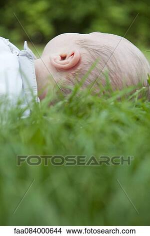 Picture - Baby lying in grass. Fotosearch