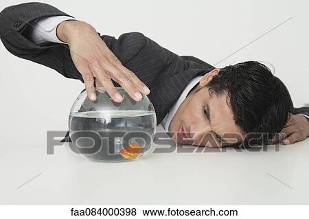 Stock Photo - Businessman looking at goldfish in fishbowl. Fotosearch