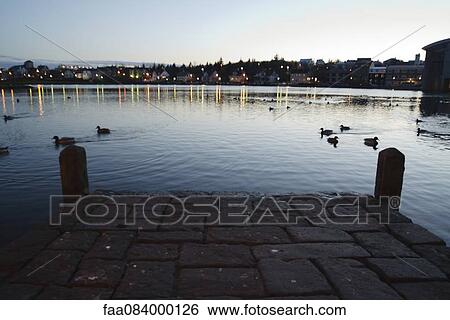 Stock Photograph - Tj? rnin lake at dusk, Reykjavi. Fotosearch