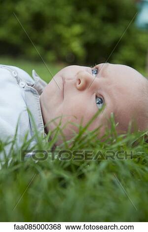 Stock Photo - Baby boy lying in grass, looking up. Fotosearch