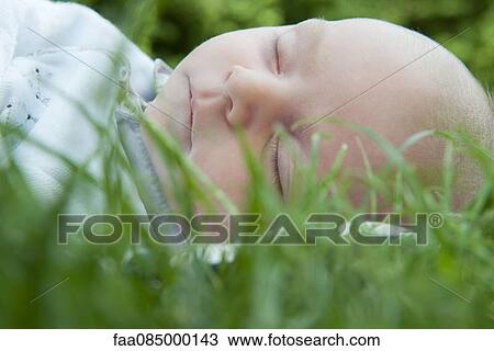 Stock Image - Baby sleeping in grass. Fotosearch