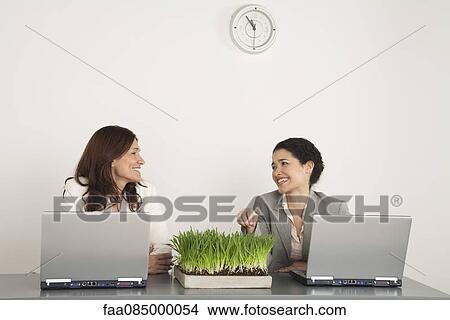 Picture - Female colleagues chatting in office. Fotosearch